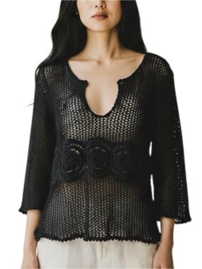 Y2K Whimsigoth Open Knit Fishnet Black Sweater Top Size S Whimsigoth Boho
